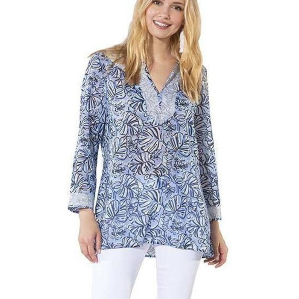 SAIL TO SABLE Tunic Top Women's XS Blue Monkey Print‎ Cotton Coastal Resort